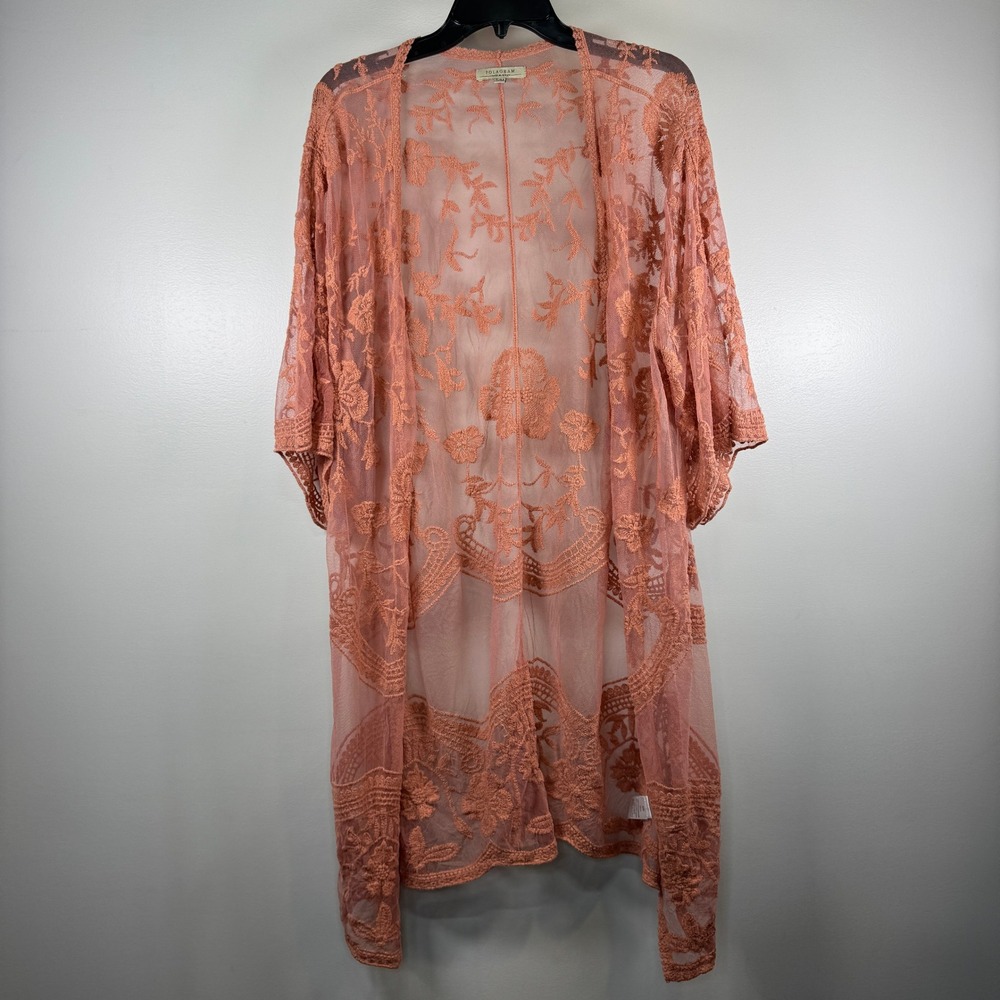Polagram‎ Sheer Mesh Floral Embroidered Kimono Cardigan Coral S/M Boho Duster